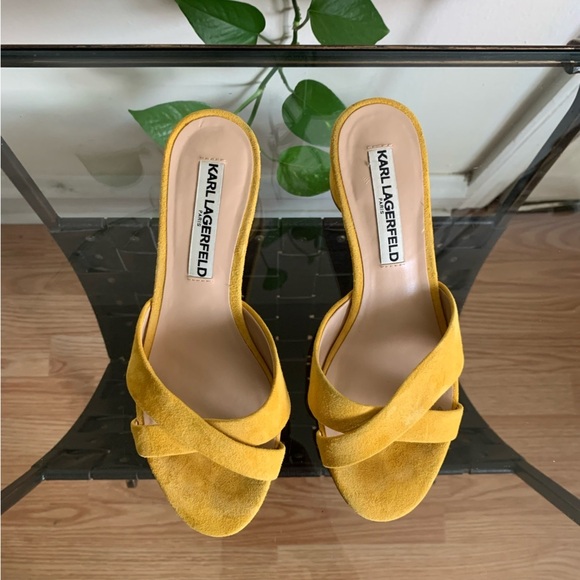 Karl Lagerfeld Fawn Yellow Leather Suede Open Toe Slide Block Heel Sandal Size 6 - Picture 3 of 15